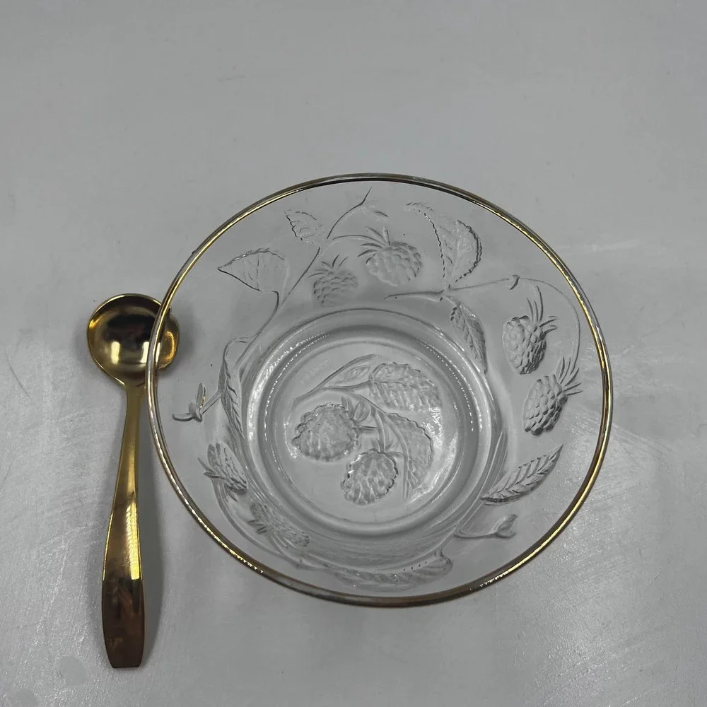Vintage Arcopol France Sugar Dish Etched Raspberries Berry Jelly Bowl Gold‎ Tone
